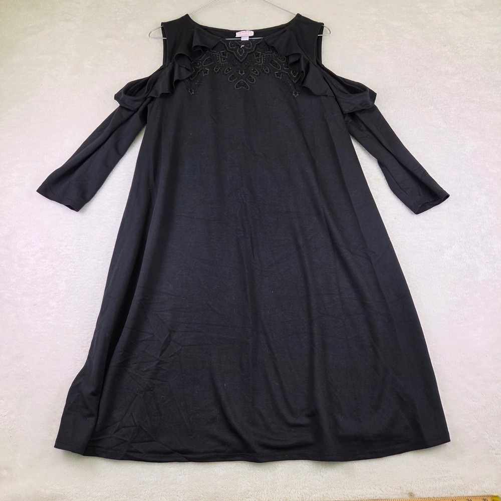 Isabel Maternity Cold Shoulder Embroidered Ruffle Long Sleeve Dress Black S